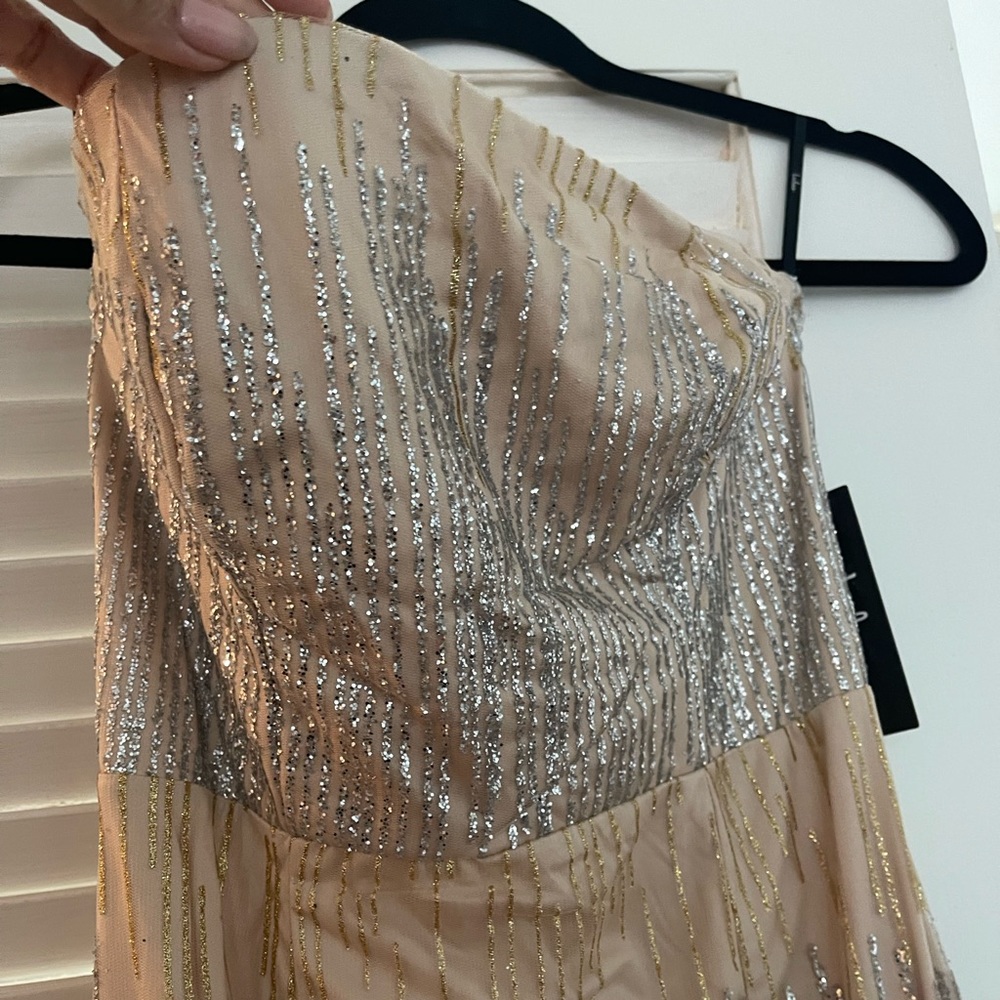 Lulu's Nude Beaded Strapless Prom Dress with Silver & Gold Accents